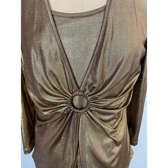 Libra Metallic Gold Vintage V Neck Long Sleeve Top with Ring size S/P - Picture 3 of 6